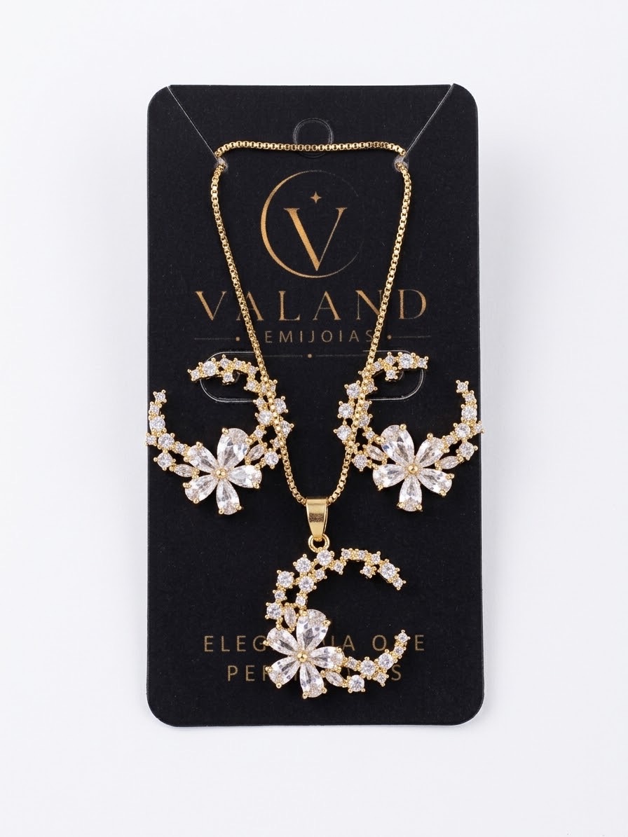 Conjunto Colar e Brincos Flor de Zircônias e Lua