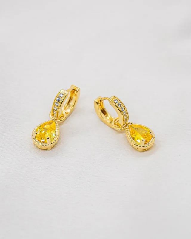 Argola Click Gota Amarelo Citrino Cravejada