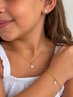 Conjunto Infantil Colar, Pulseira e Brinco Folheado a Ouro 18k e Prata Cordõa Torcido com Ponto de Luz — foto 1 de 2