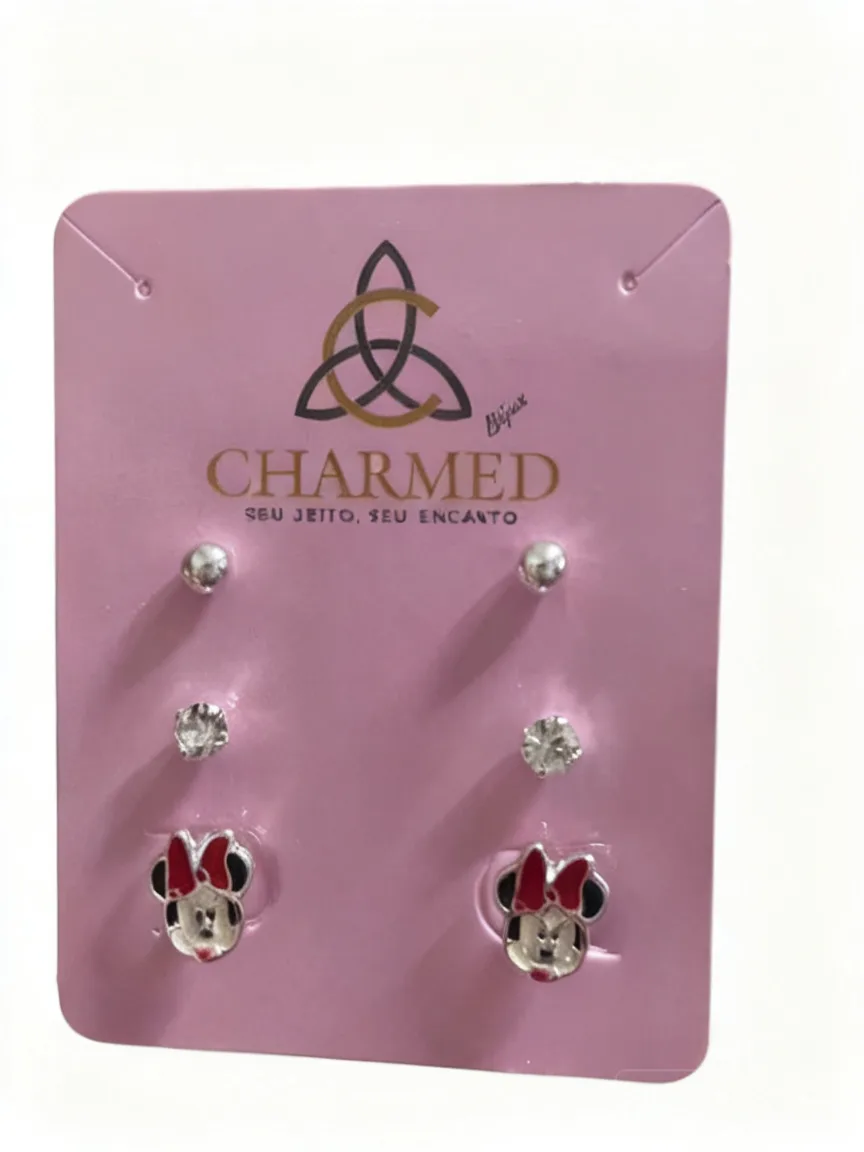 Brincos infantis Minnie com laço vermelho