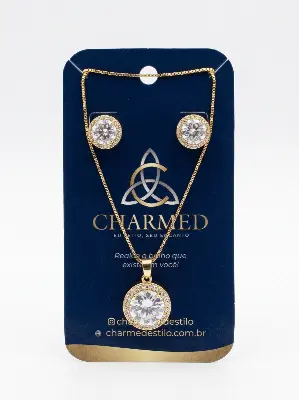 Conjunto colar e brincos com zircônias redondas brilhantes
