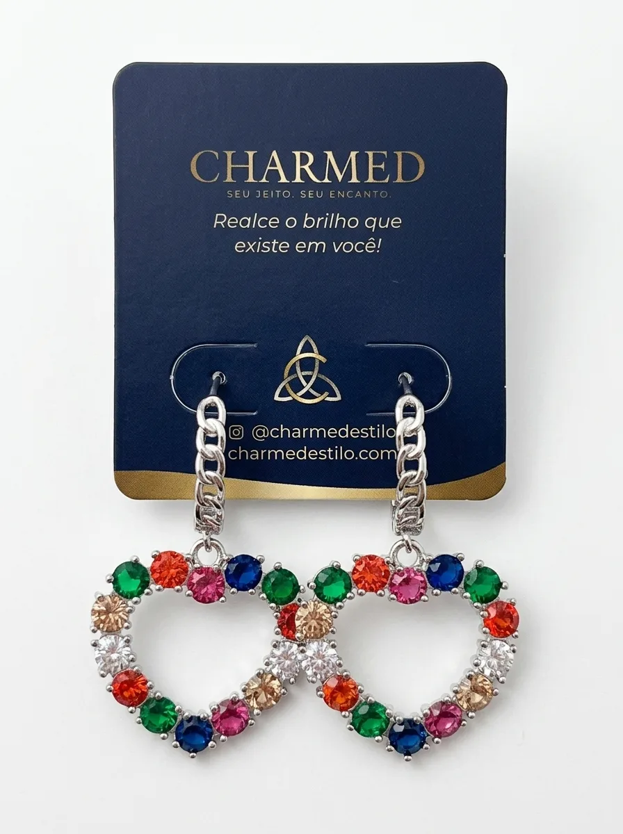 Brincos de coração com zircônias coloridas