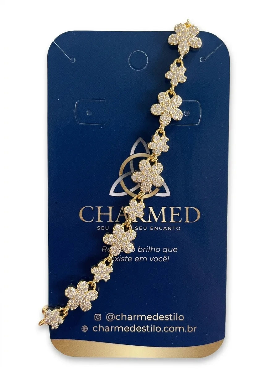 Pulseira com flores cravejadas de zircônias