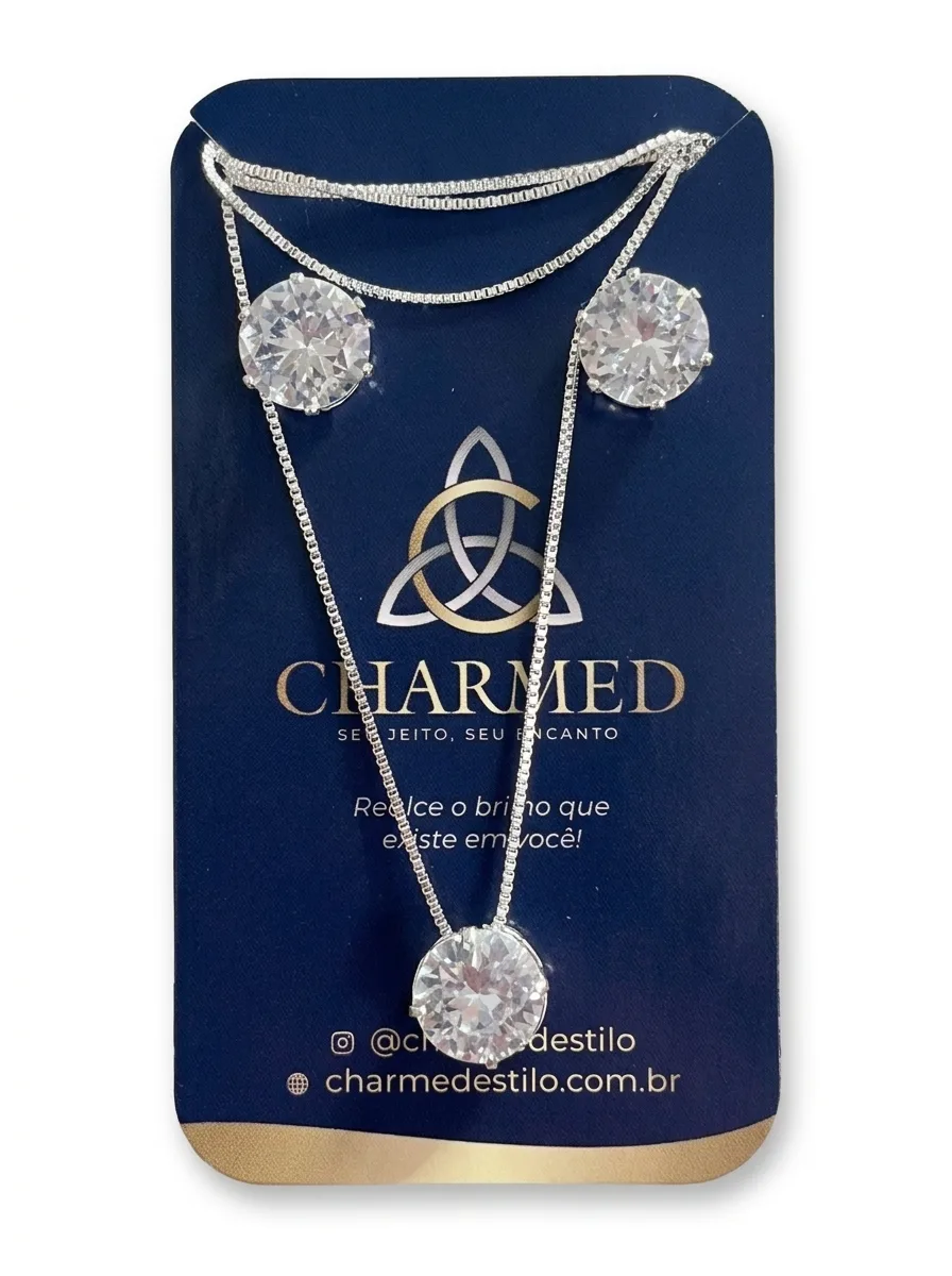 Conjunto de colar e brincos com zircônia redonda cristal