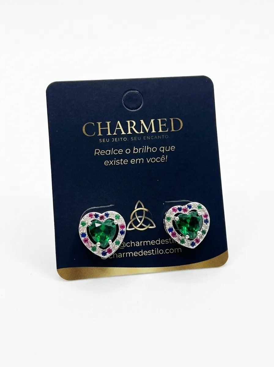 Brincos de coração com zircônia verde e detalhes coloridos