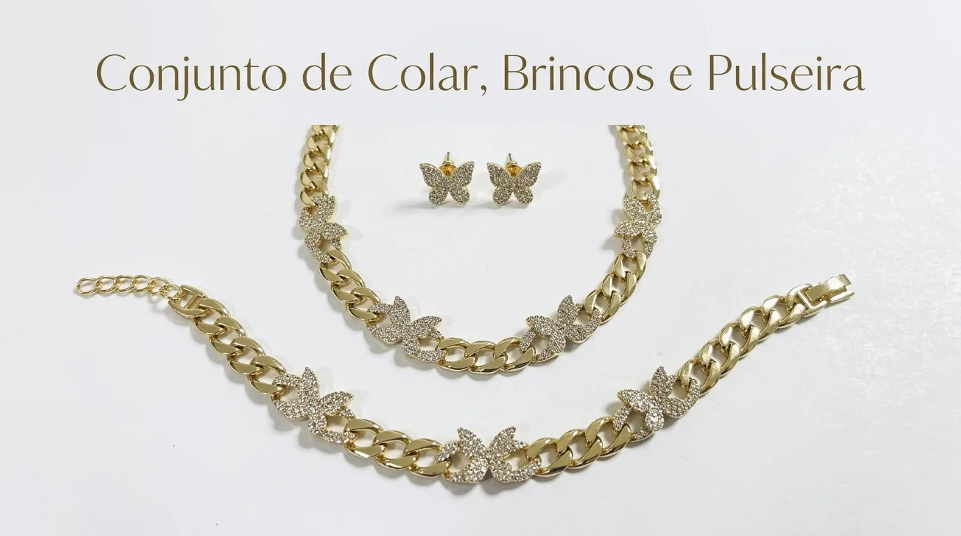 Conjunto de colar, brincos e pulseira com borboletas cravejadas — foto 1 de 3
