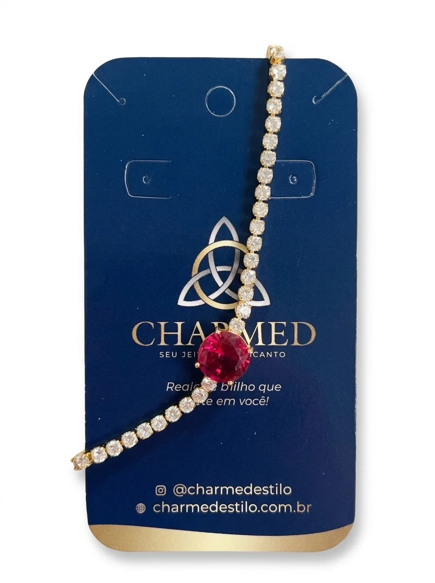 Pulseira com zircônia vermelha e cristais