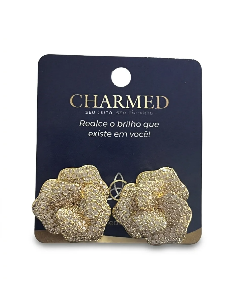 Brincos flor com brilho dourado