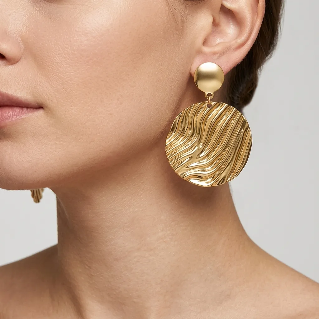 Brinco pendurado orgânico em formato redondo com detalhes de ondas BANHADO A OURO 18K