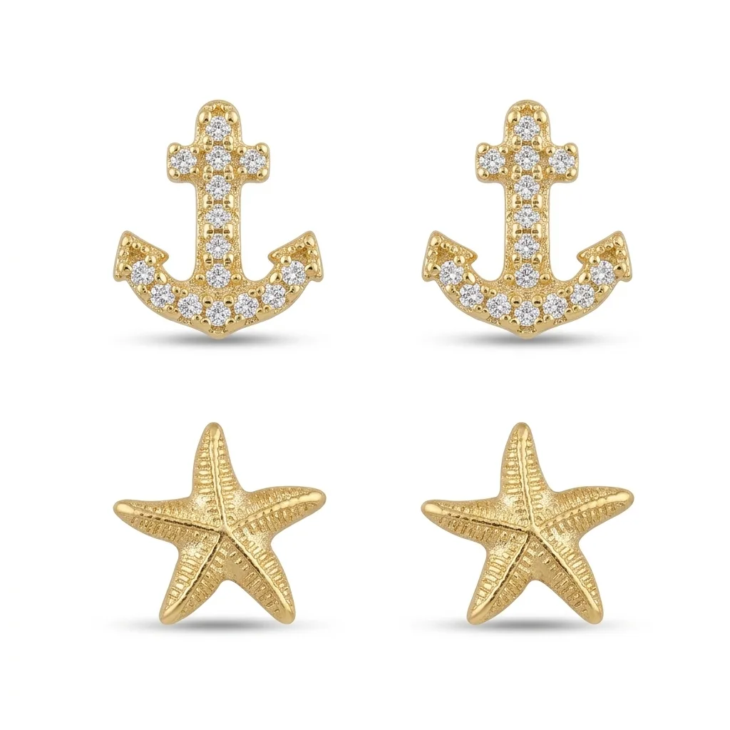 Dupla de Brincos Âncora Estrela do Mar Banho Ouro 18k