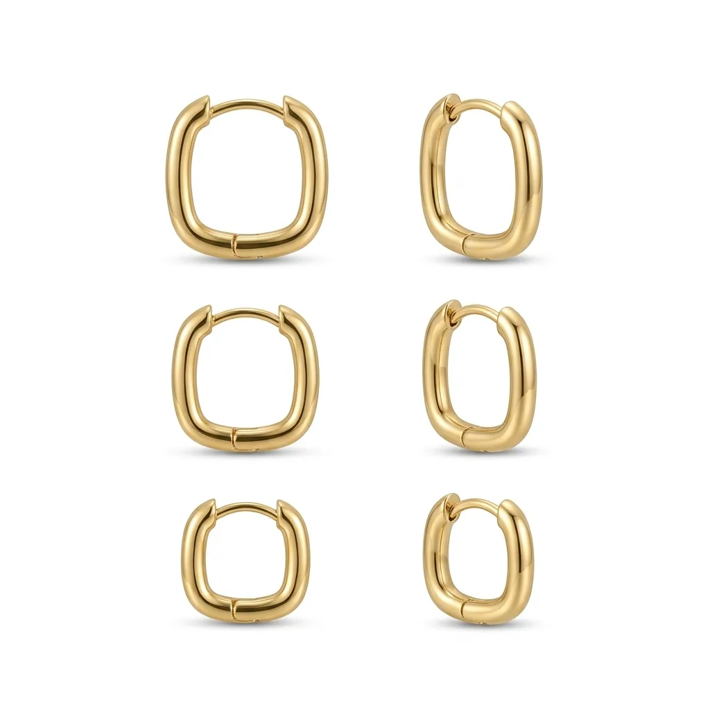 Trio de Brincos Argola Retangular Banhado Ouro 18k