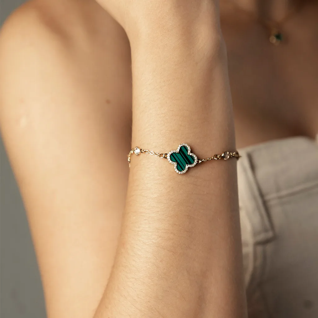 PULSEIRA CRISTAL + VERDE ESMERALDA MARMORIZADO VIRGÍNIA BANHO OURO 18K
