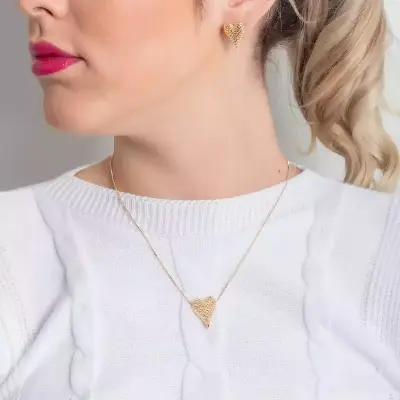 CONJUNTO DE CORAÇÃO DETALHADO (45CM+5CM) BANHO OURO 18K