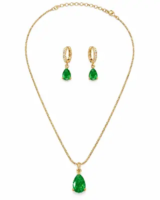Conjunto Brinco Argola e Pingente Gota Verde