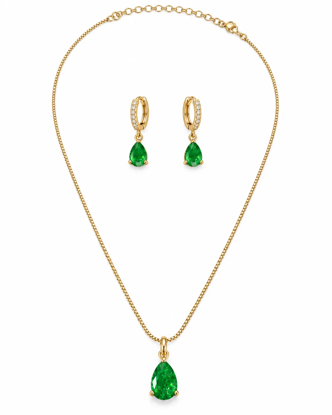 Conjunto Brinco Argola e Pingente Gota Verde