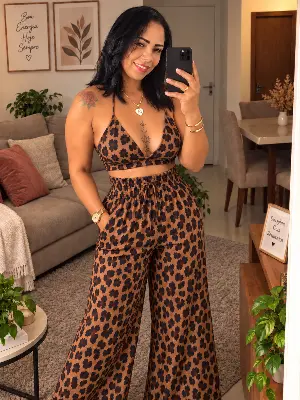 Conjunto Feminino Animal Print Onça com Calça Pantalona e Cropped