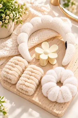 Kit Skincare Feminino com Tiara Branca, Munhequeiras, Xuxinha e Presilha de Flor