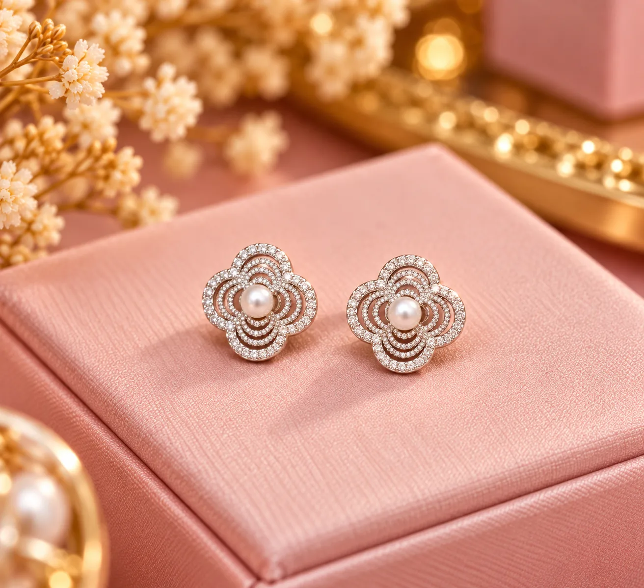 brincos flor com pérola e zircônias