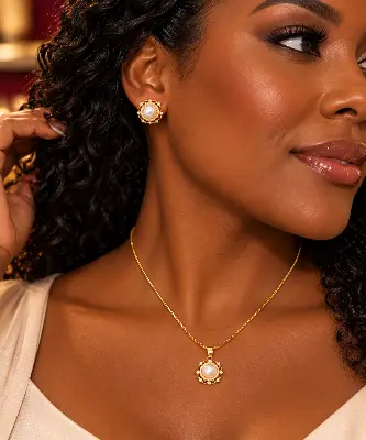 conjunto de brinco e colar com pérola e detalhes dourados