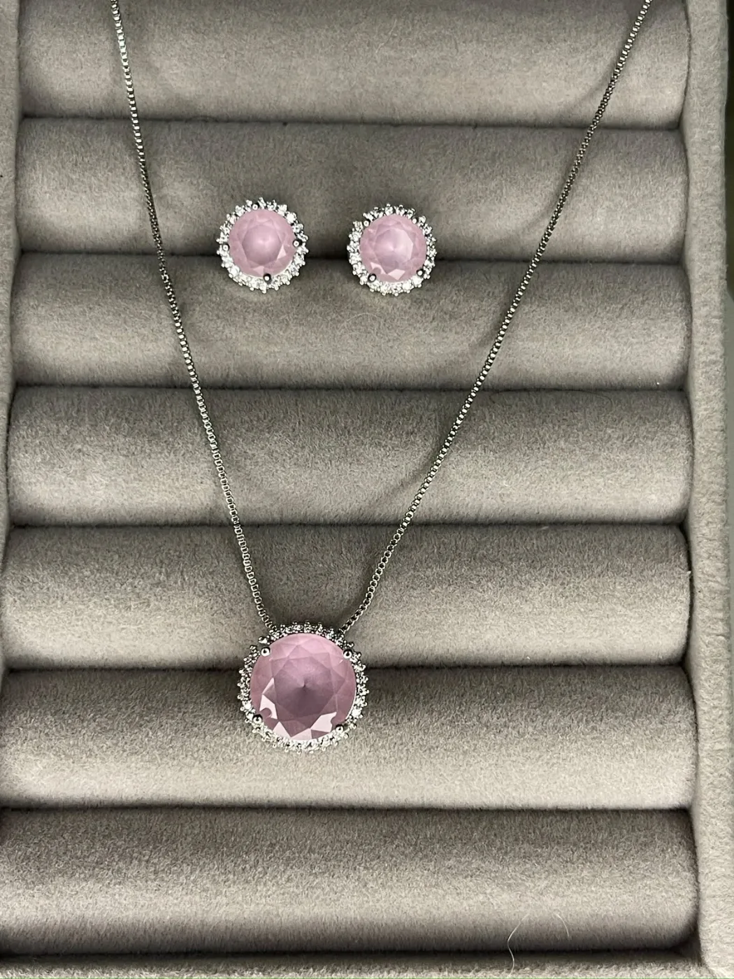 Conjunto Banho Prata Zircônia Fosca Rosa Redondo