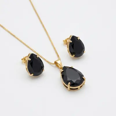 Conjunto brinco e colar gota pedra preta.