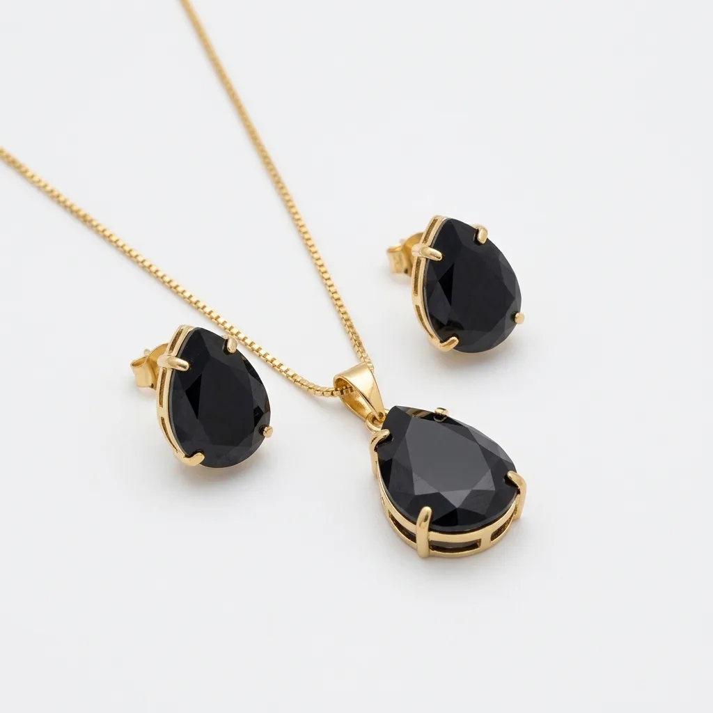 Conjunto brinco e colar gota pedra preta.