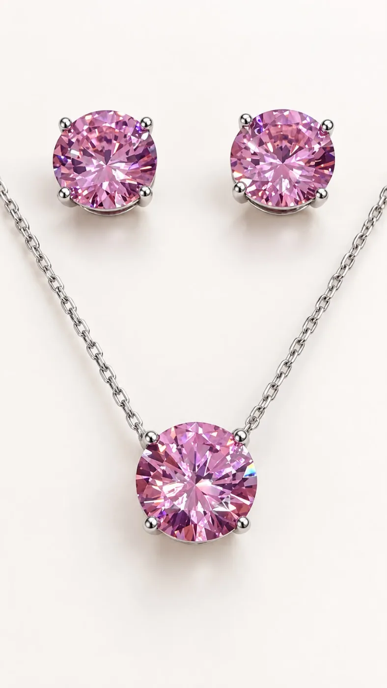 Conjunto Rosa Crystal Glamour Banhado No Ródio