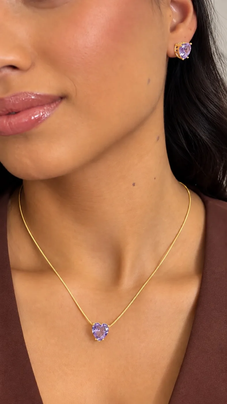 Conjunto Colar e Brincos Coração Lilás Banhado Ouro 18k — foto 1 de 2